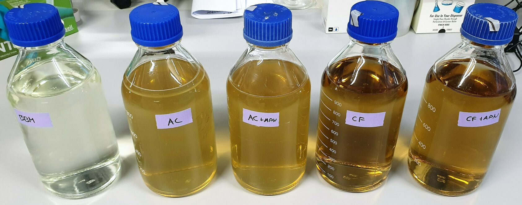 Pia Steinrücken, Growth media prepared for the experiment. The first bottle is standard growth medium based on chemical fertilizers, and the other ones are insect frass-based growth media, prepared with different sterilization methods (bottles 2,3 autoclaved, bottles 4,5 sterile filtered), Growth media prepared for the experiment., , The first bottle is standard growth medium based on chemical fertilizers, and the other ones are insect frass-based growth media, prepared with different sterilization methods (bottles 2,3 autoclaved, bottles 4,5 sterile filtered)