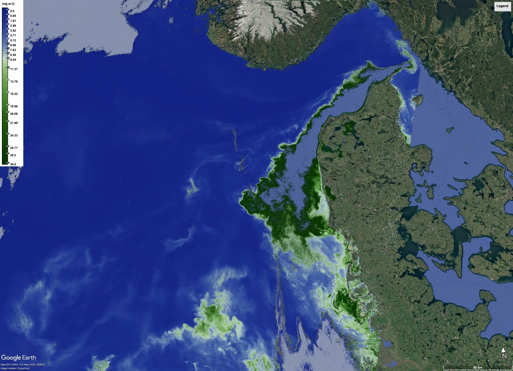, Figure 1, Chl OC4, , Satelie photo of the North Sea