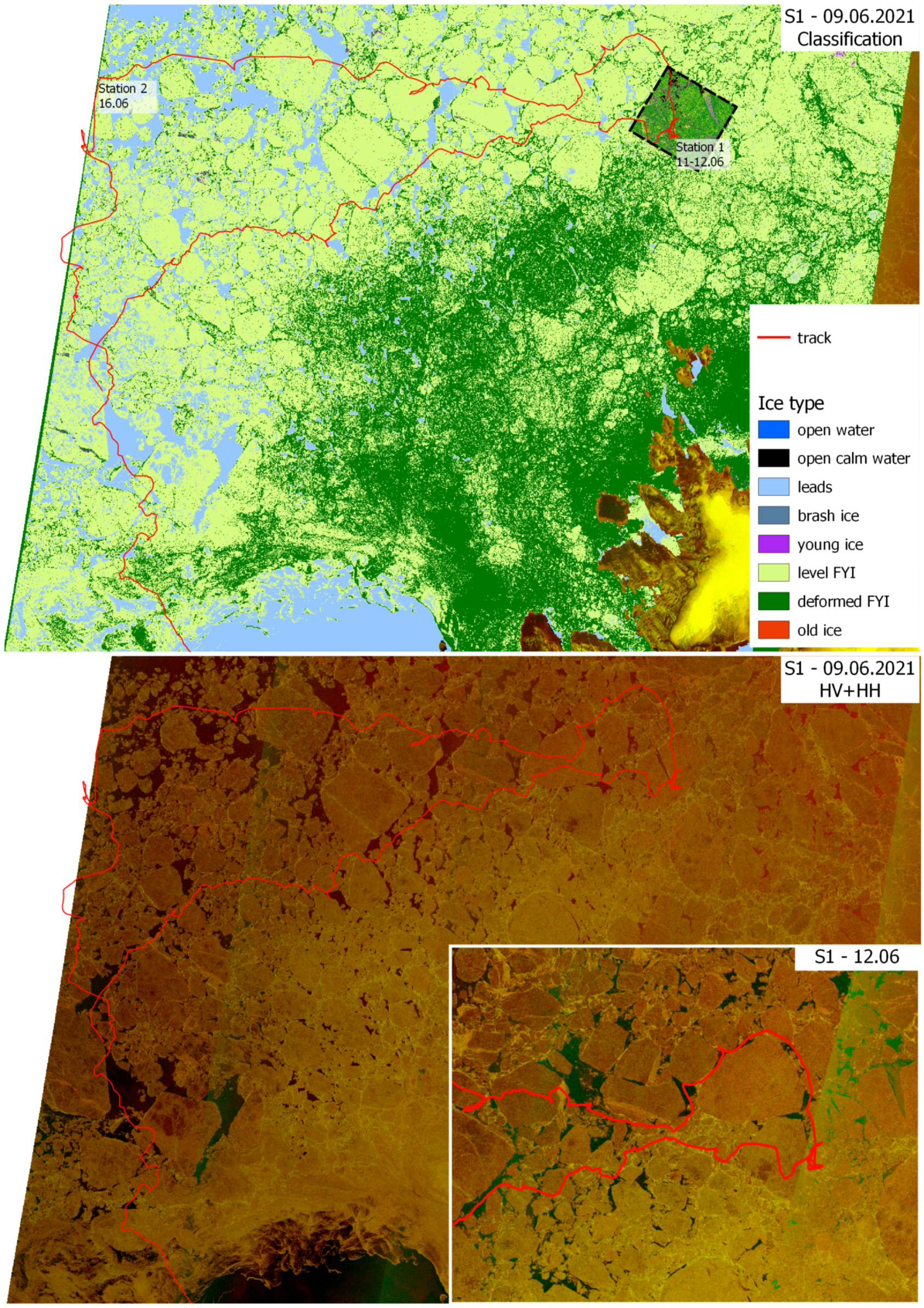 Data used to produce this figure come from Sentinel (Copernicus) and Radarsat-2 (NSC/KSAT under the Norwegian-Canadian Radarsat agreement 2021) data. The maps are made by Anna Telegina and Johannes Lohse/CIRFA, Top: Example of the sea ice classification in satellite images North of Svalbard. The different colours represent different ice types and open water. Bottom: In the Sentinel-1 satellite false-color image, sea ice appears as green/brown areas while open water as dark areas. The red line outlines the track of KV Svalbard., Figure 82, , 