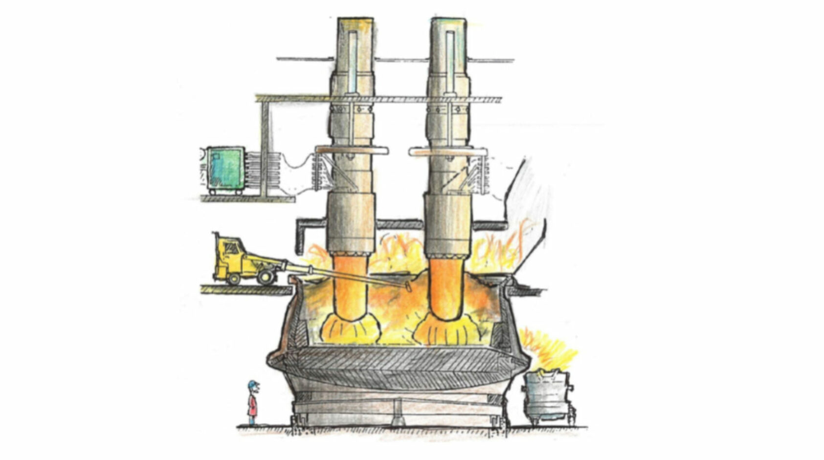 Illustrasjon: Þorsteinn Hannesson, Skisse av en smelteovn for produksjon av (ferro)silisium., Illustrasjon - Smelteovn, <p>Illustrasjon: Þorsteinn Hannesson</p>, Skisse av en smelteovn for produksjon av (ferro)silisium