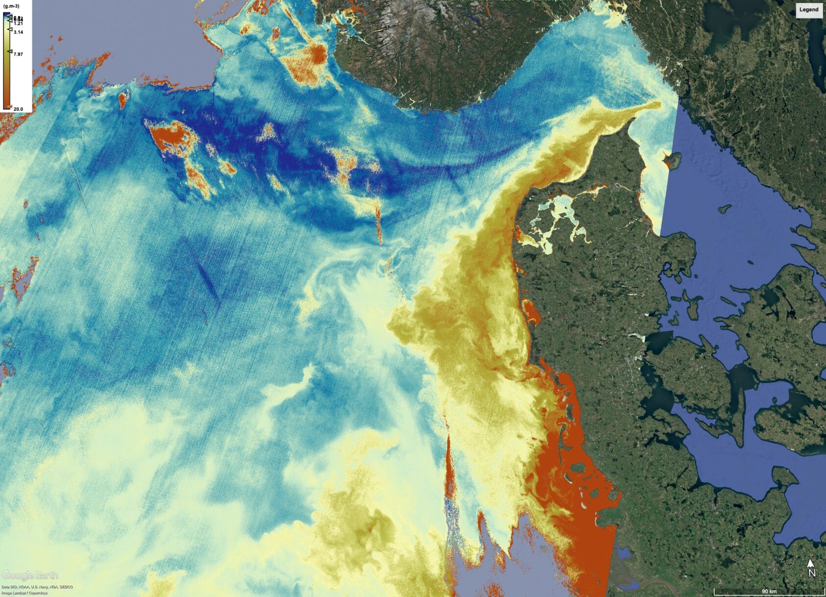 , Figure 2: Total Suspended Matter content (m-1)., TSM, , Satelite photo of the North Sea