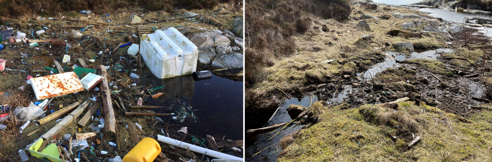 Eivind Bastesen, Før og etter: Store avfallstyper på overflaten av driftvollen påvirket avrenning fra tjernet som vollen demmer opp. Etter rydding ble det observert endring i avrenningsmønsteret, som medførte etablering av en utvidet vannvei ned mot sjøen, som påvirket plantelivet., Plast for etter foto, , 