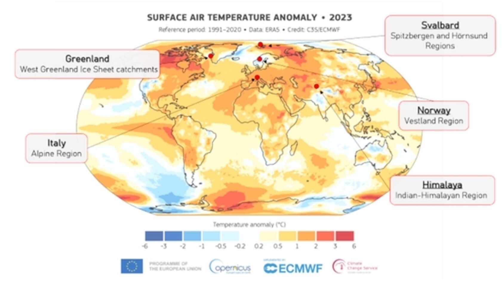 LIQUIDICE, Location of selected glaciers to be analyzed in the LIQUIDICE project, in the context of 2023 temperature anomalies from Copernicus data., Surface air tem and liquidice sites glaciers 690px, , 