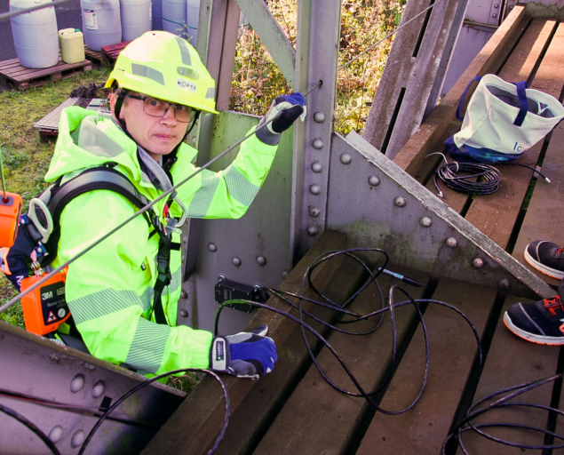 Arne Roger Janse, Rune Schlanbusch, Chief Scientist at NORCE and former Norwegian Coordinator for the European Union project IAM4RAIL, onsite to fit more sensors on at Lundamo railway bridge., ICE PPR Photo Katrine Jaklin NORCE, , 