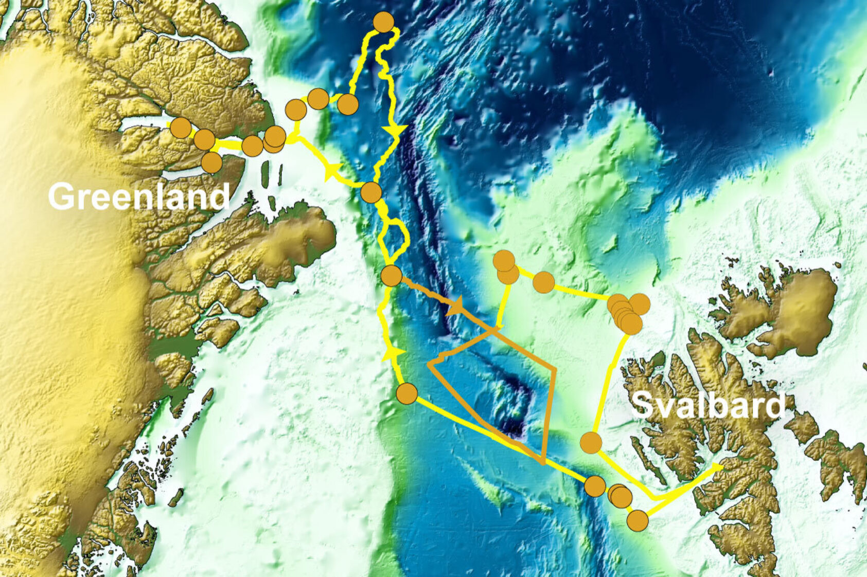 Daniel Albert, GoNorth/SINTEF, The map shows the ship’s path in yellow and the various sampling stations in orange. The seismic lines are also marked in orange., Go North2024 navtrack en, , 