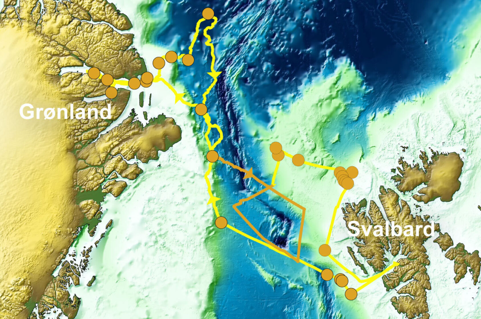 GoNorth, Kartet viser skipets rute i gult og de forskjellige stasjonene med prøvetaking i oransje, samt linjene for de seismiske undersøkelsene i oransje., Go North2024 navtrack, , 