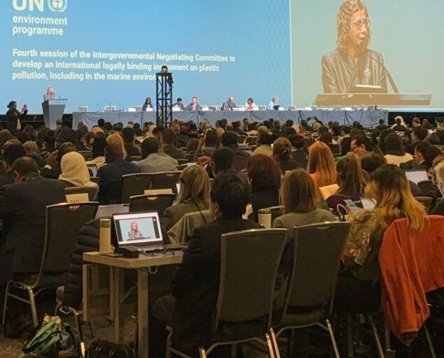 Lene Kristin Hansen, 2 500 delegater fra 170 land deltok på FNs fjerde forhandlingsrunden, Inc4, <p>Lene Kristin Hansen, NORCE</p>, Fullsatt konferansal mog debattpanel på scenen i bakgrunnen.