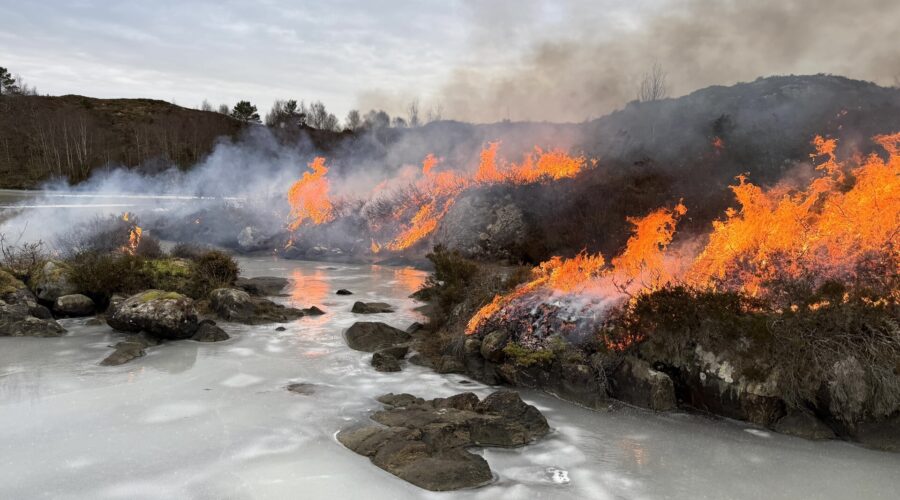 Heath burning on a frozen lake in January 2026
