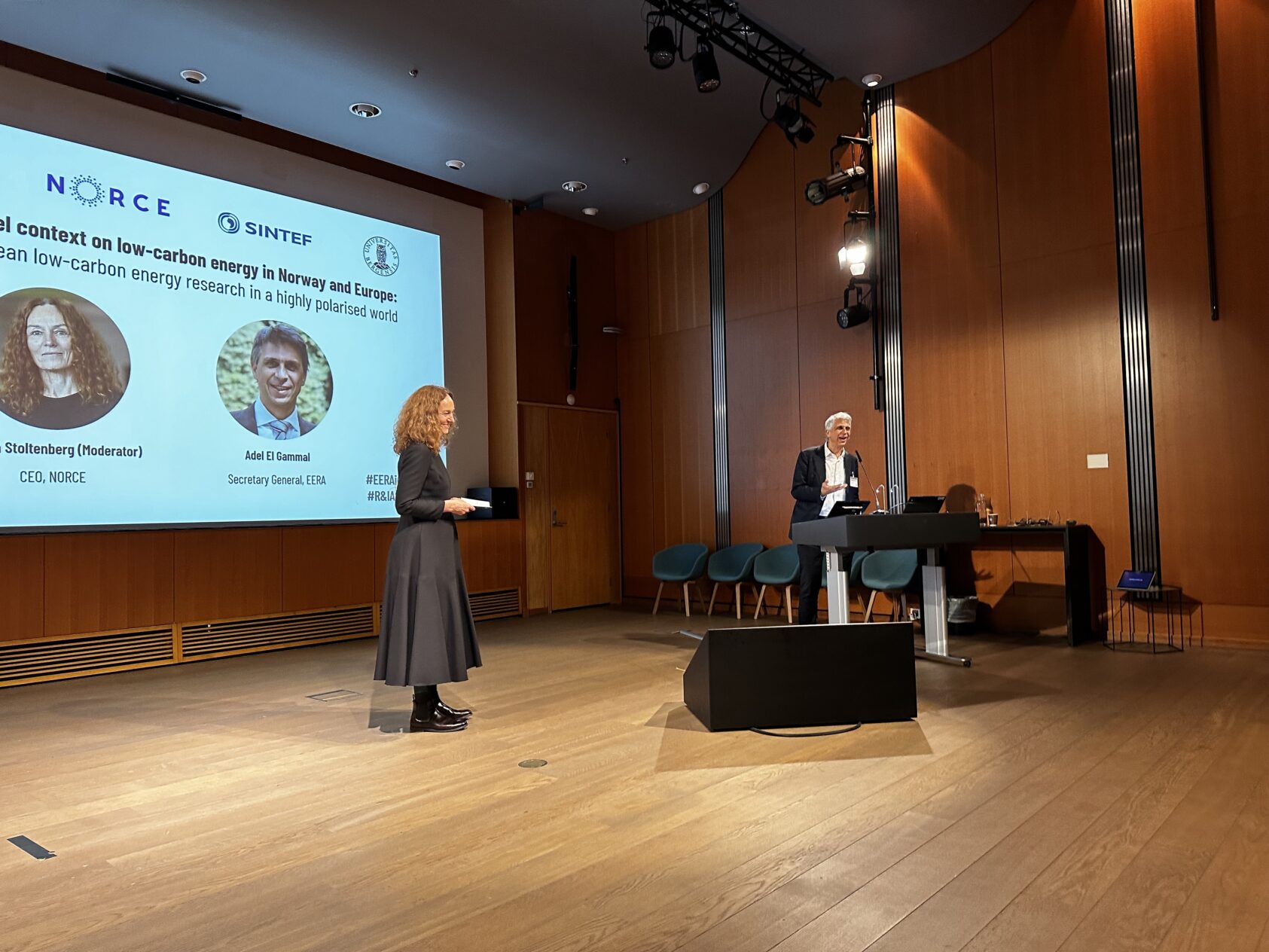 , Camilla Stoltenberg, CEO of NORCE, chaired the event. Here she is with Adel El Gammal, Secretary General of EERA, IMG 3508, , Woman on the floor presenting.