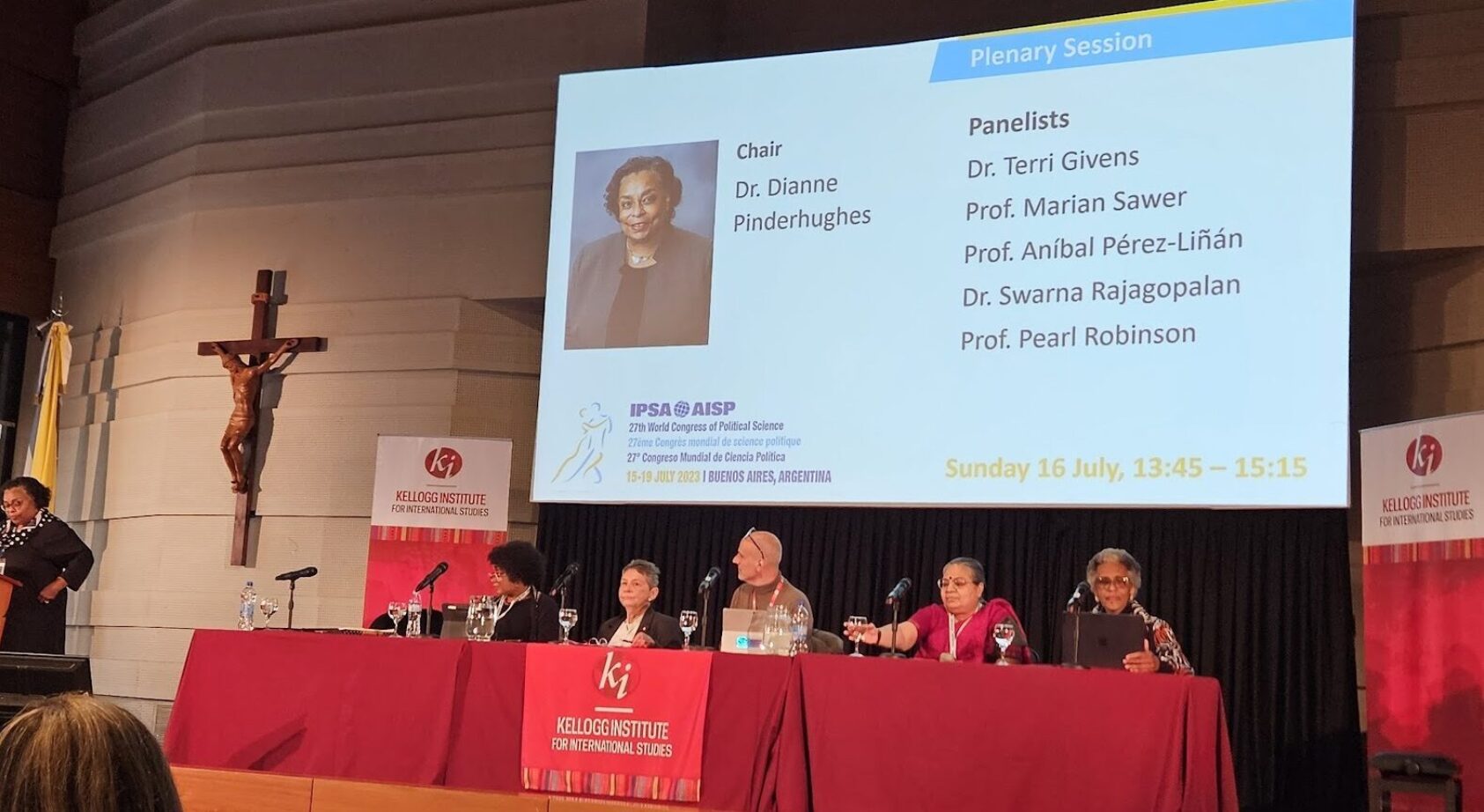 Vigdis Nygaard, Dissemination activities is an important part of a research project. Photo from a plennary session at IPSA 2023, where researchers from the VOLRUSS-projectet presented project results., Plenary session, , 