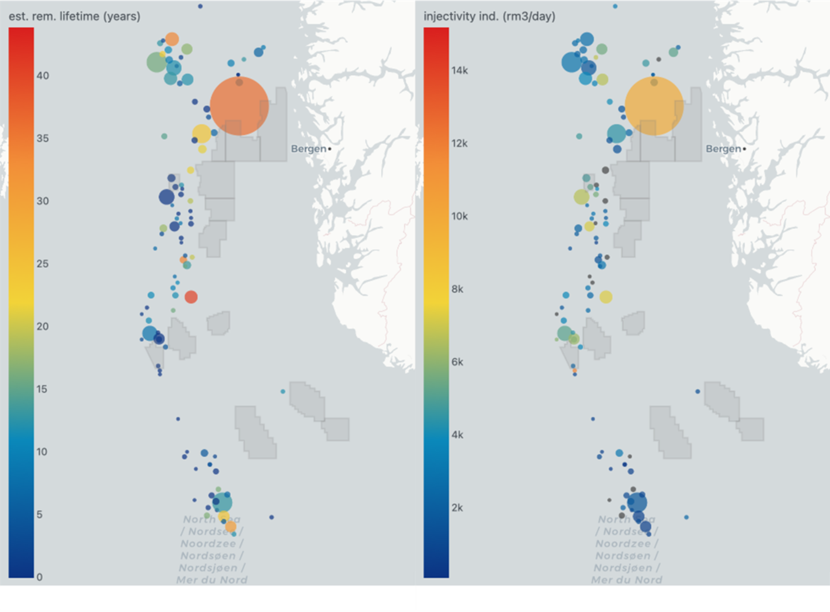 , Fields in the Norwegian North Sea where current CO₂ storage exploration and exploitation licenses are shaded, colors represent the estimated remaining lifetime (left) and the estimated storage injectivity indicator (right), the circle size represents the fields storage capacity indicator., Screeningtool1, , 