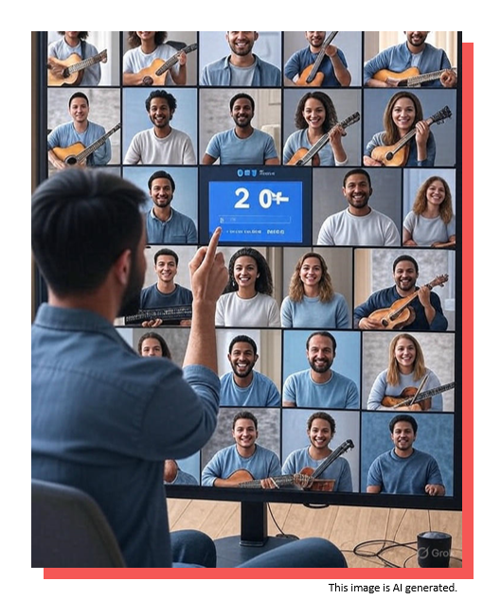 Virtual Group Music Therapy session showing multiple participants with instruments connecting through video conferencing